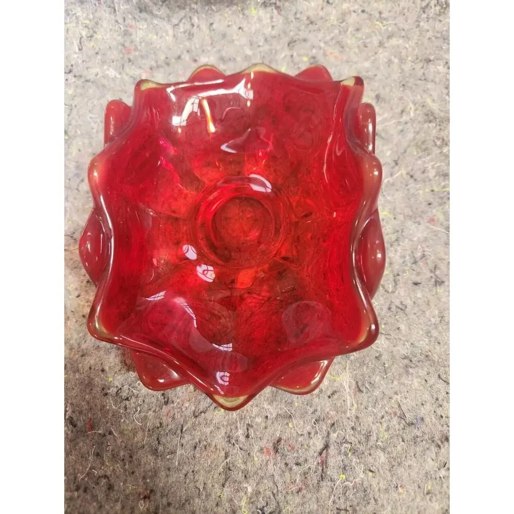Viking Glass Ruby Red Double Crimp Folded Footed Low Bowl 7.5